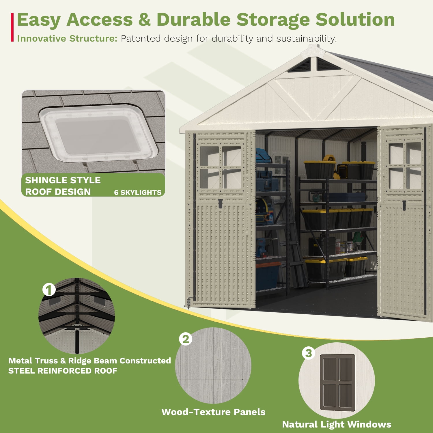 Patiowell 10x12ft Resin Storage Shed with Skylight & Lockable Door – Weatherproof, Spacious Outdoor Shed for Garden & Tools