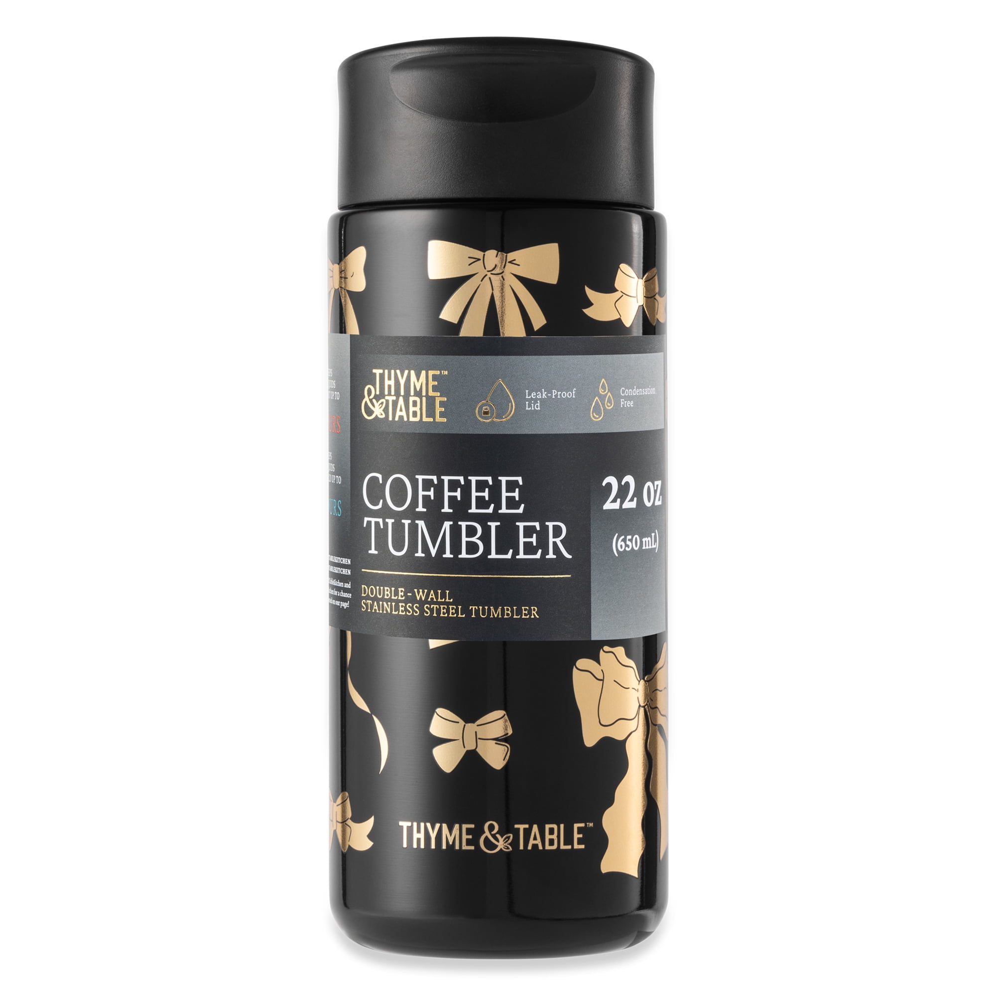 Thyme & Table 22 fl oz Stainless Steel Coffee Tumbler, Black & Gold Bows