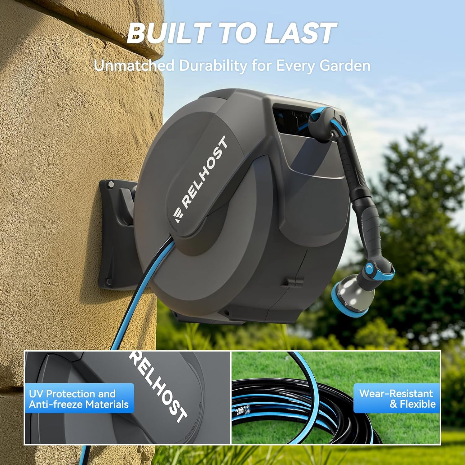 Relhost Retractable Garden Hose Reel 100 ft x 1/2 in, Heavy Duty Hose Reel Wall Mount with Any Length Lock, Auto Rewind System, 180° Swivel Bracket, 10-Pattern Garden Hose Nozzle, Dark Grey