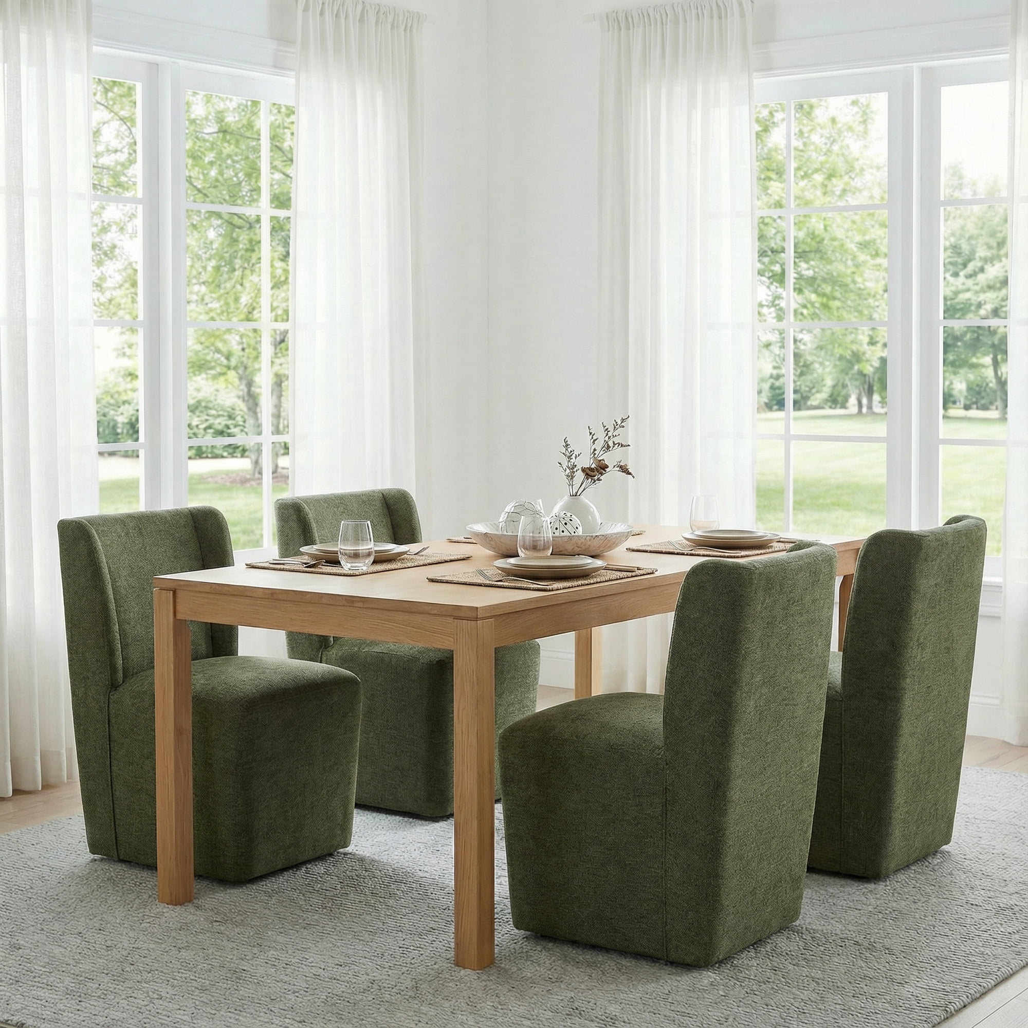 Spruce & Spring Modern Upholstered Dining Chair with Wingback and Hidden Casters, Single, Fabric in Moss Green