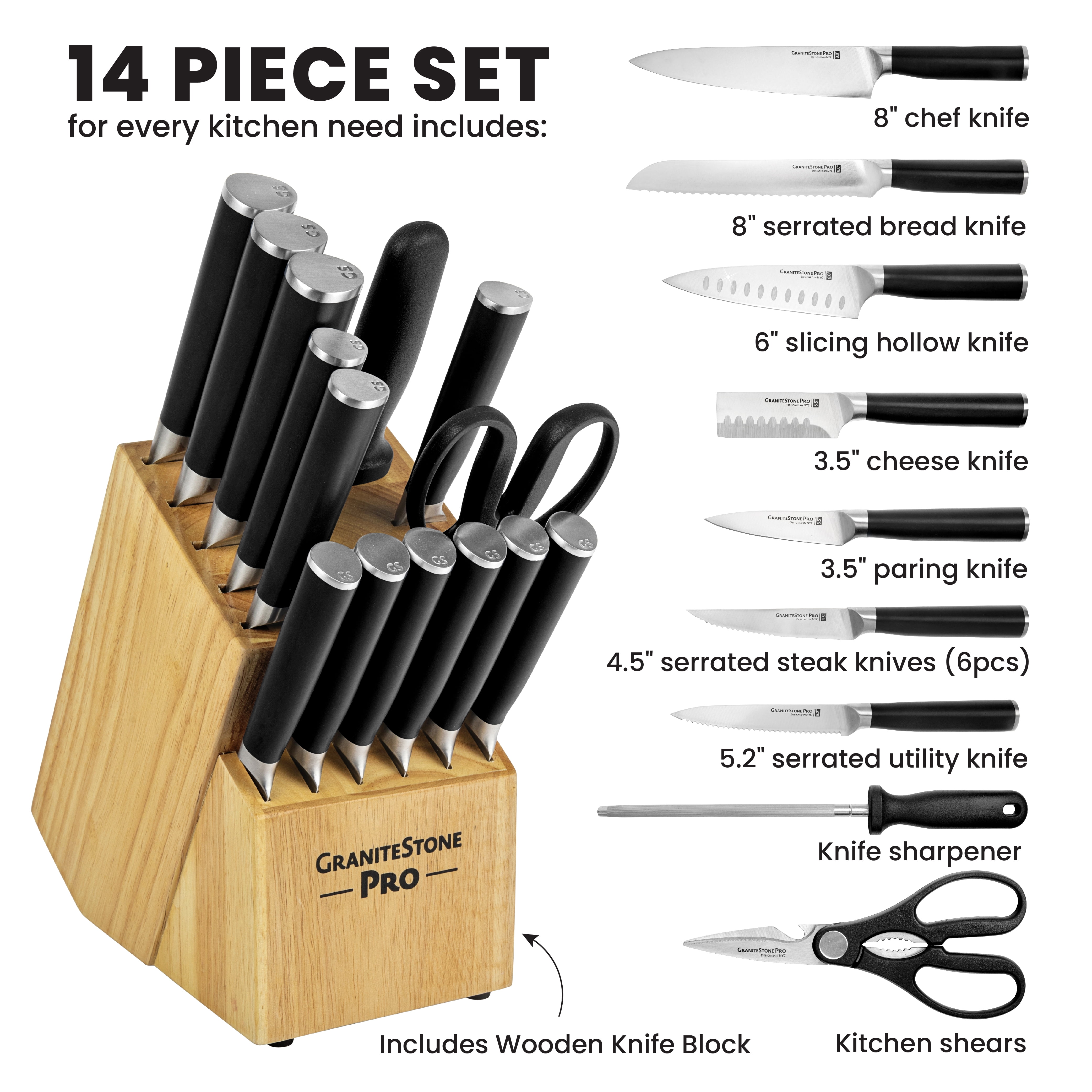 Granitestone Pro Black Knife Set 15 Piece with Block Premier Chef Knife Set with Block