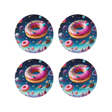 

Leather Coasters Set of 4 - Starry Sky Colorful Donut Lightweight Non-Slip Drink Coasters for Desk Anti-Scalding Desk Cup Coasters for Office Table Decor Round Shape