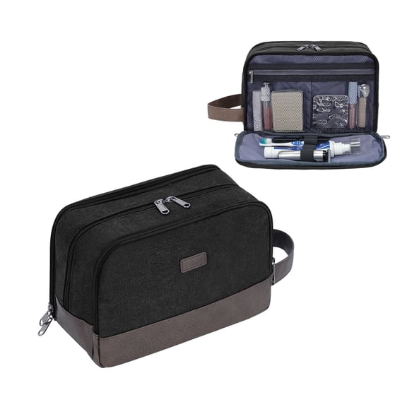 WANDF  Large Toiletry Bag for Men Women,3 Compartments Travel Size Toiletry with Wet Pocket,Cosmetic Organizer with Securing Straps,Water-Resistant Dopp Kit Shave Bag(Black)