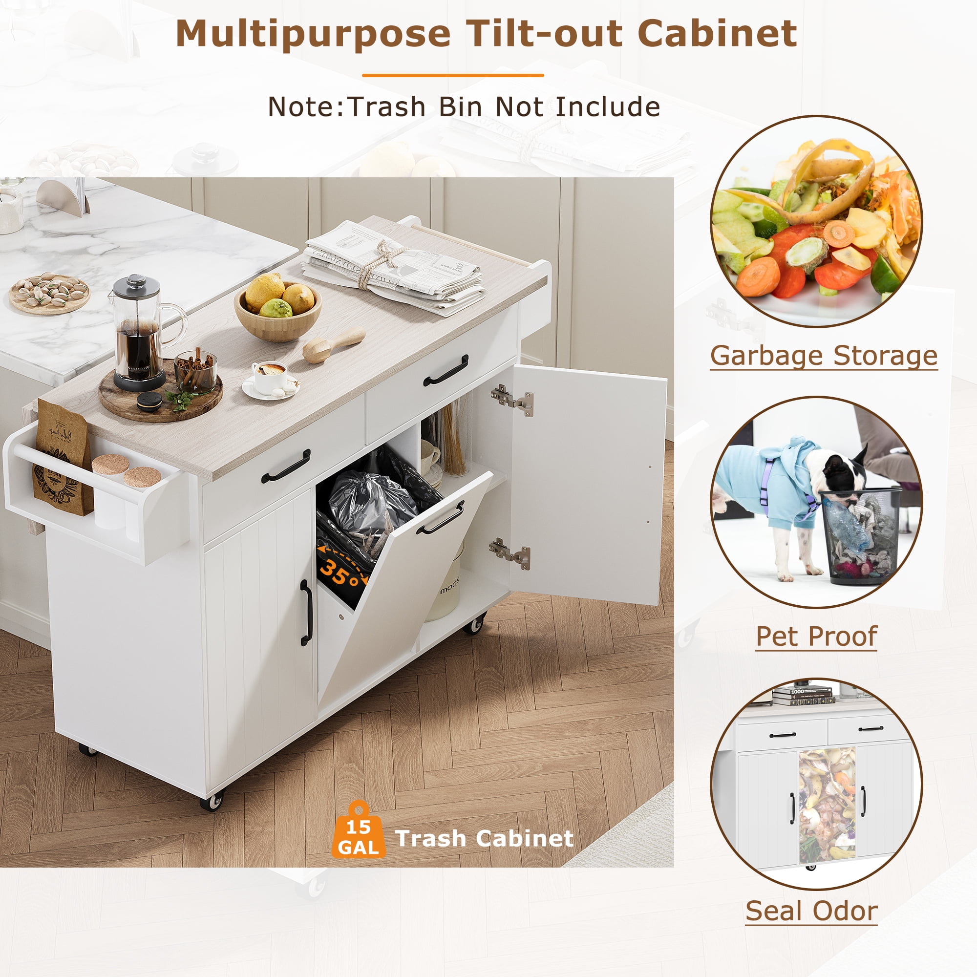 EUROCO 500LBS Rolling Kitchen Island with 15 Gallon Storage Trash Can,Kitchen Cart Island with Drop Leaf,Tilt Out Kitchen Trash Cabinet with Spice Rack, Adjustable Shelf and Drawers,White
