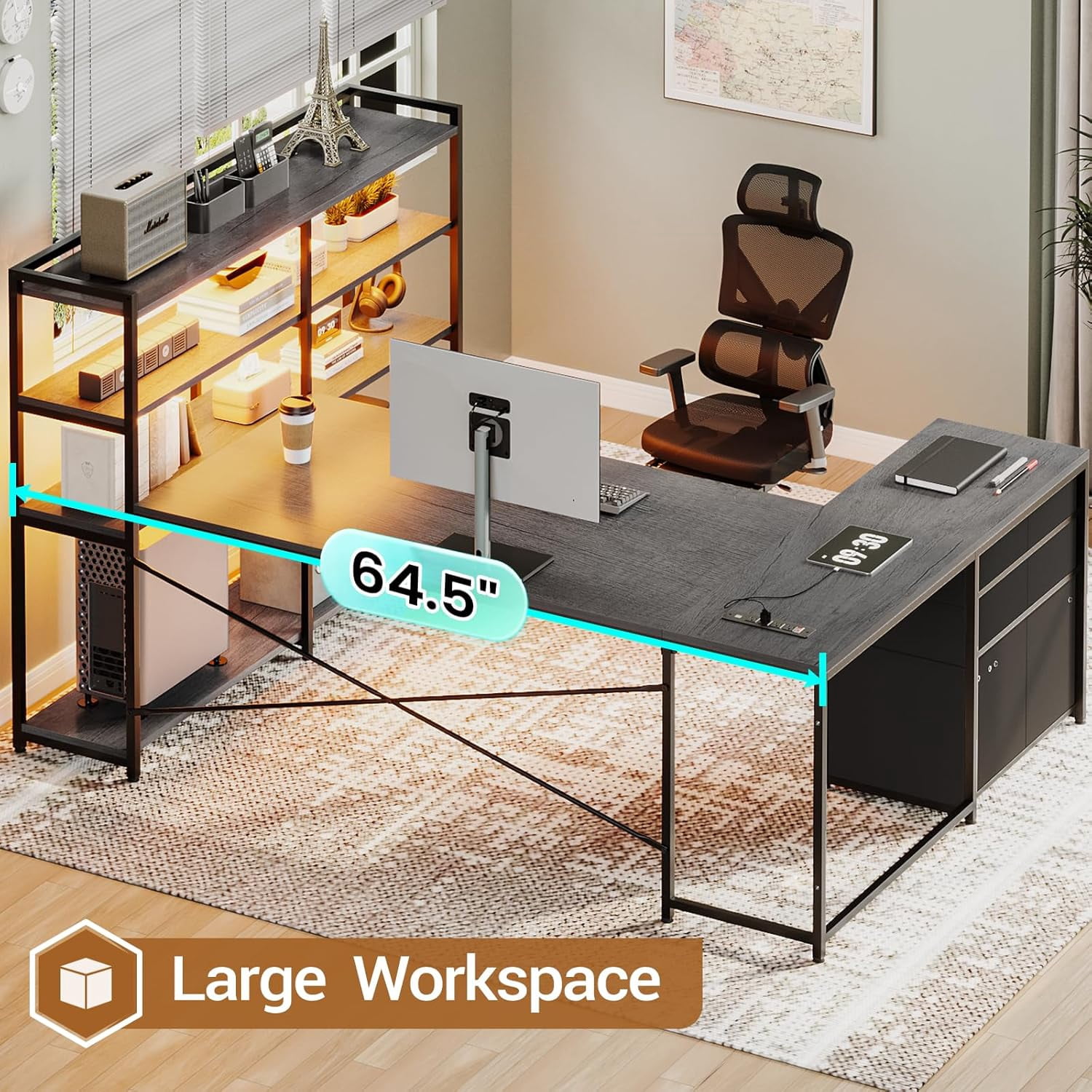 Grey 64.5" Reversible Office Desk with Fabric File Drawer, Computer Desk with Storage Bookshelf and Drawers, Corner Computer Desk with Power Outlet & LED Strip