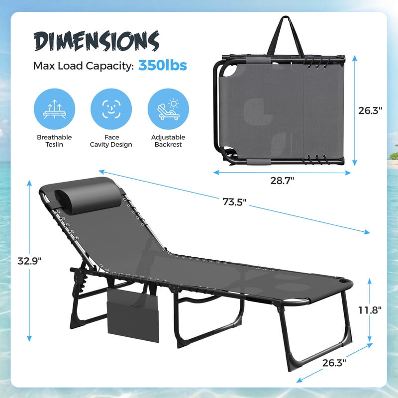 Lacoo Teslin Foldable Lounge Chair, Outdoor Chaise Lounge with Sauna, 5-Position Adjustable Beach Chair, Gray