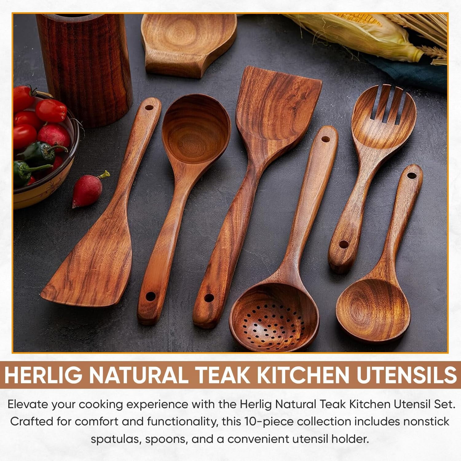 Herlig 10 Piece Teak Wood Cooking Utensil Set  Kitchen Cookware Tools with Spatula, Spoon, Fork