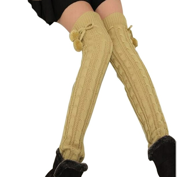 Calcetines largos hasta la rodilla para mujer, de color liso, cálidos, con forma de masa, de bolas de lana y acrílicos.
