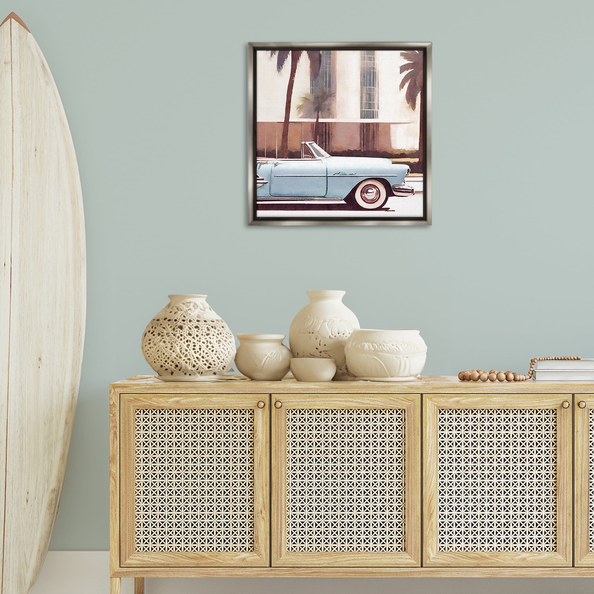 Stupell Industries Tropical Scene Classic Car Transportation Painting Gray Floater Framed Canvas Art Print Wall Art, 25 x 25