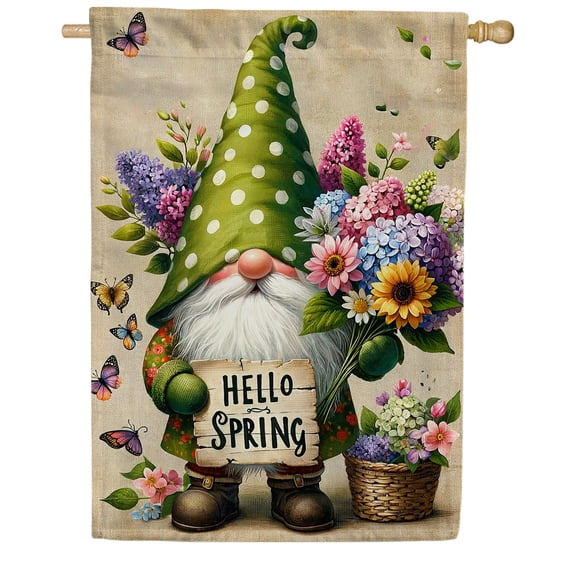 America Forever Hello Spring Gnome House Flag 28x40 inch Double Sided, Polka Dot Gnome Hat, Geranium Flowers, Butterfly Floral Garden Yard Flags for Outdoor Decoration, Seasonal Spring Home Decor