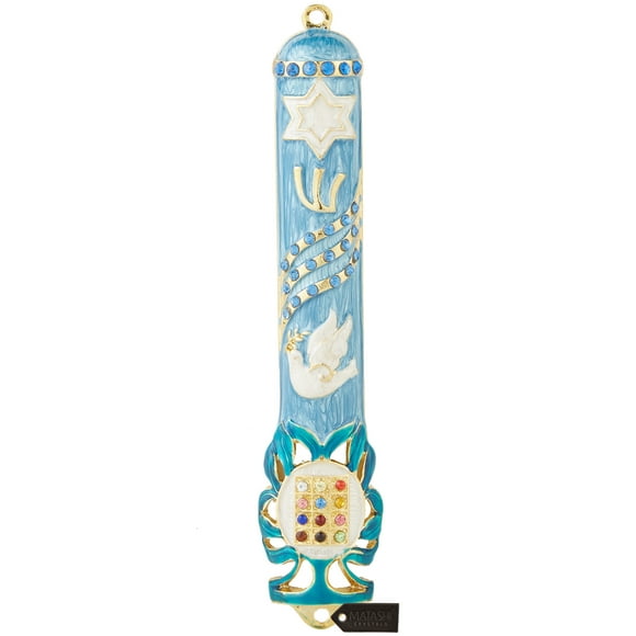 Matashi Hand Painted 5.7" Blue Dove Mezuzah Embellished with Gold Accents and a Star of David with High Quality Crystals , Hand-Painted Enamel