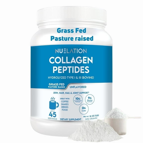 Nuelation Collagen Peptides Powder, Unflavored, Type I & III, Hydrolyzed Bovine, 1 lb – 45 Servings, Protein Supplement