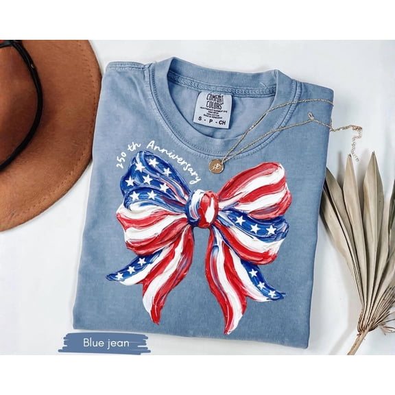 VibeNest Studio Unisex 250th Anniversary American Flag Bow Coquette Patriotic 4th of July Garment Dyed Graphic T-Shirt