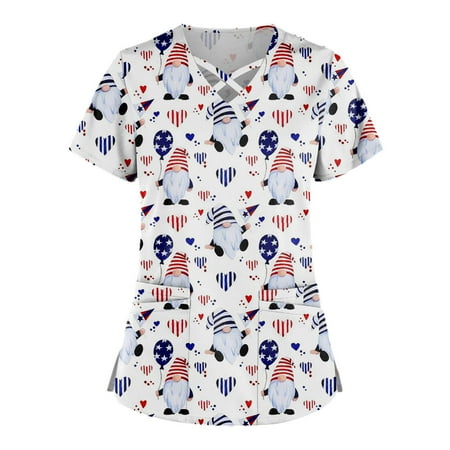 

Alrise Indepence Day Shirt Plus Size Cute Printed Scrub Working Uniform Tops For Women Cross V-Neck Short Sleeve Fun T-Shirts Workwear Tee With Pockets White 4X-Large
