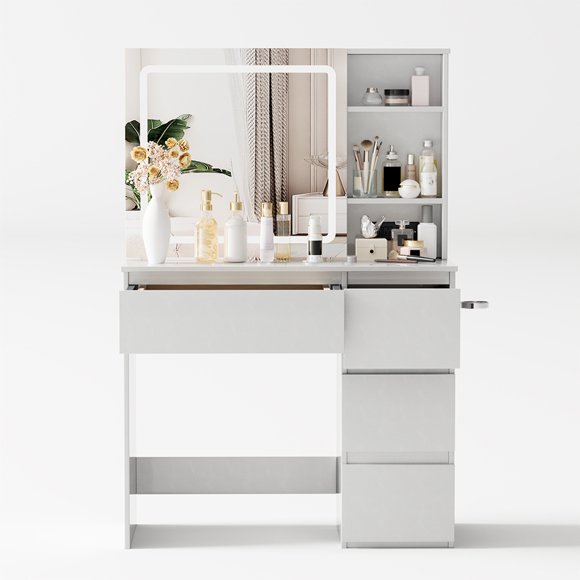 Tocador de Maquillaje Blanco con Espejo LED Regulable en 3 Tonos, Enchufe EE.UU. 2 Tomas+USB+TypeC, Porta Secador y Estantes Abiertos