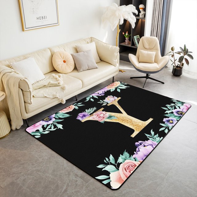 Erosebridal Initial Letter Y Rugs For Bedroom 6'6" x 4'11", Gold Living Room Carpet, Kawaii Floral Bedroom Rugs, Living Room Rug Room Decoration, Non Slip