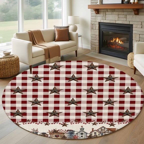 Farm Red Round Rug 5ft Washable Circle Kitchen Rugs Non Slip Brown Western Texas Star Red Plaid Country Large Area Rug Indoor Floor Carpet for Bedroom Living Room Home Office Dining Room Nursery