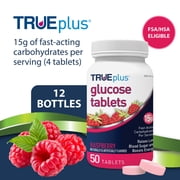 TRUEplus Glucose Tablets, Chewable, Raspberry Flavor, 15g Fast-Acting Carbs, 50 Count, 12 Bottles