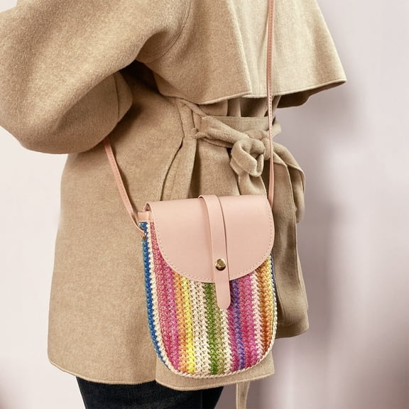 Todaioua Colorful Raffia Crossbody Purse Straw Beach Bag for Women Summer Phone Shoulder Bag Bohemian Hand Knitting Tote Bag with Leather Handle for Travel Daily Matching
