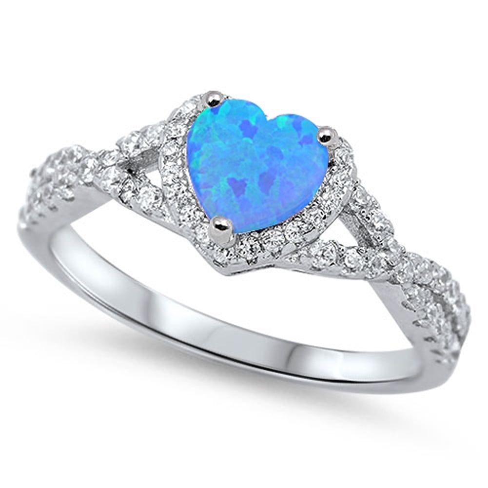 CHOOSE YOUR COLOR Heart Blue Simulated Opal Wave Knot Promise Ring .925 Sterling Silver Band White CZ Female Size 5