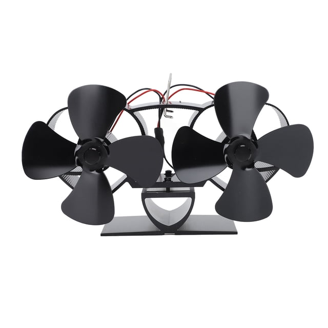 Ventilador de estufa de aleación de aluminio con alimentación por calor, 4 aspas, cabezal doble, para chimenea, color negro