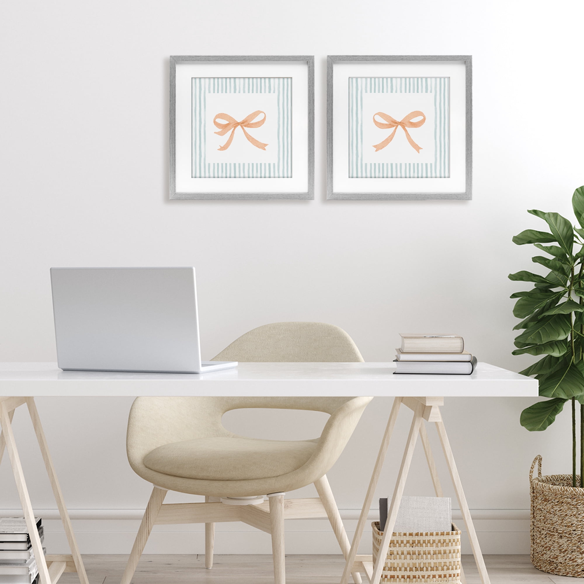 Stupell Industries Orange Bows and Blue Stripes 2 Piece Gray Framed Print Under Glass Set, design by Patricia Pinto
