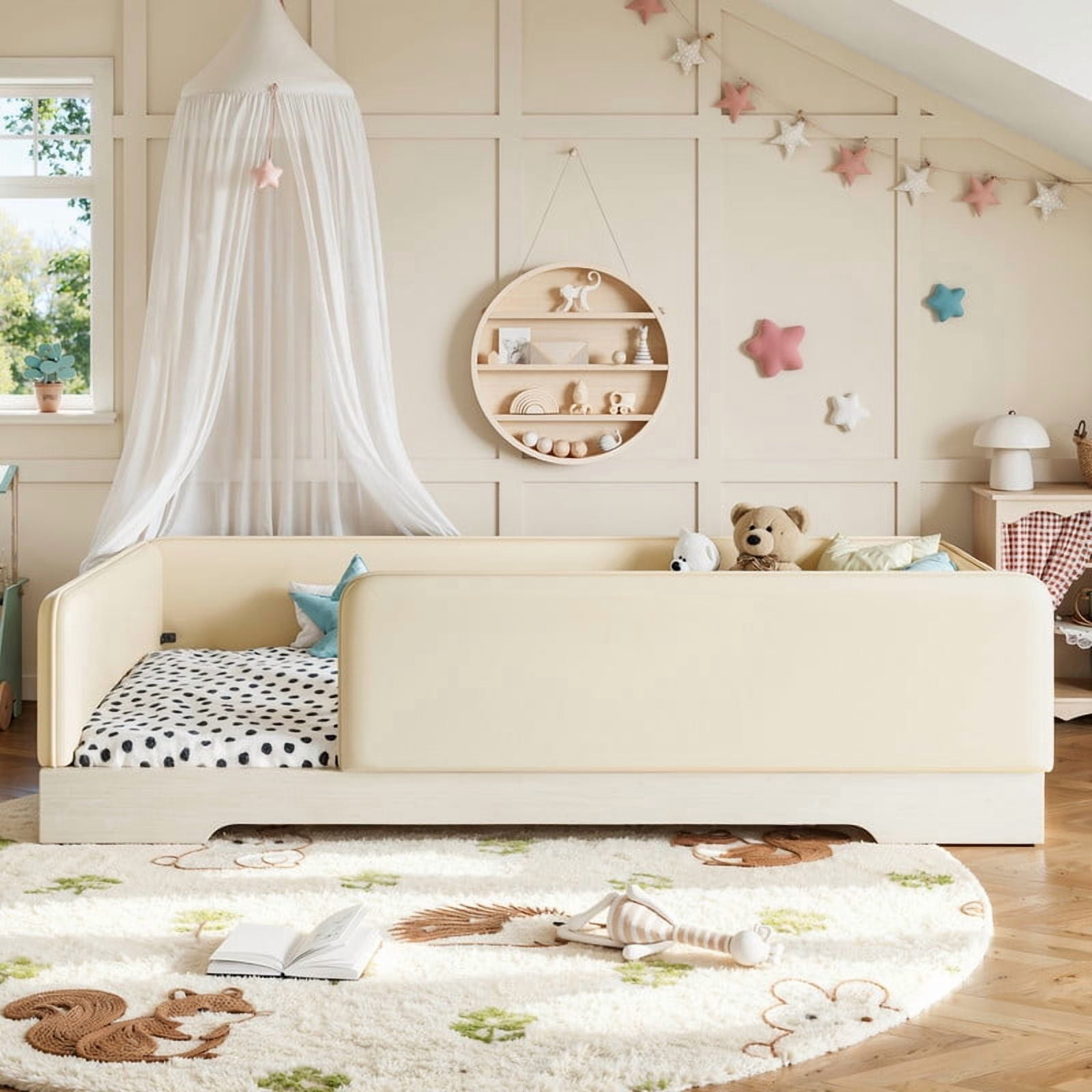 Twin Size Faux Leather Upholstered Floor Bed, Kids Montessori Bed Frame with Removable Guardrail, Low Profile Platform Bed