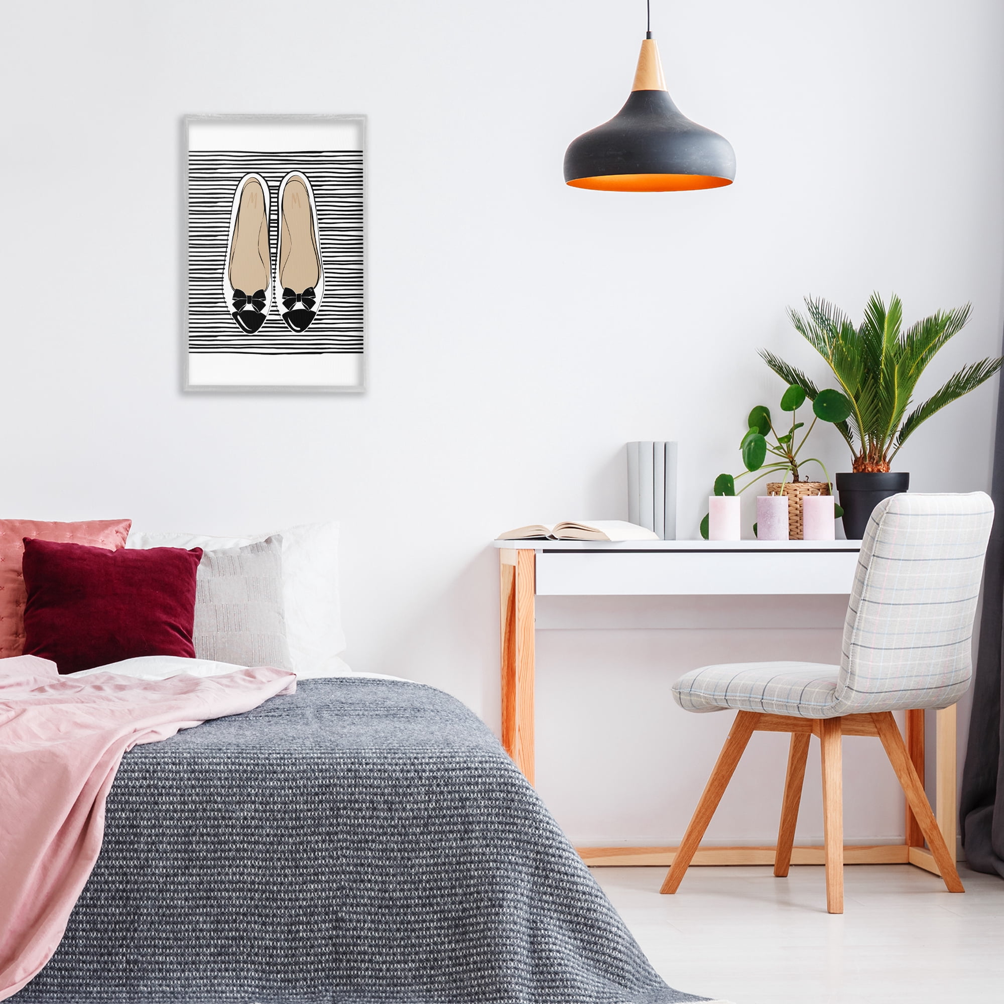 Stupell Industries Bow Flats on Stripes Beauty & Fashion Painting Gray Framed Art Print Wall Art, 16 x 24
