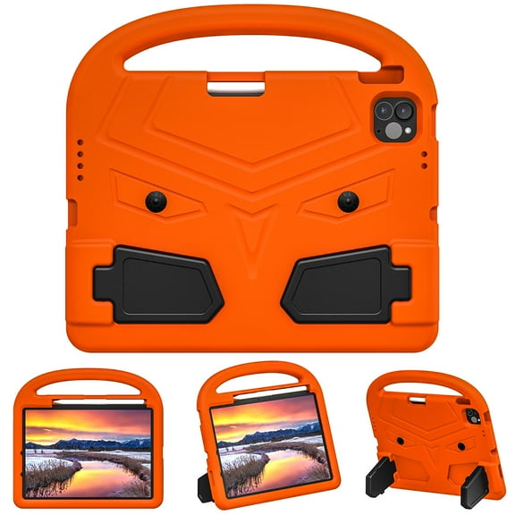 Kids Case for iPad Air 11 inch 2024 & iPad Pro 11 inch 2024, EVA Shockproof Military Grade Drop Protection Heavy Duty Case with Kids Friendly Portable Handle Foldable Stand Cover, Orange
