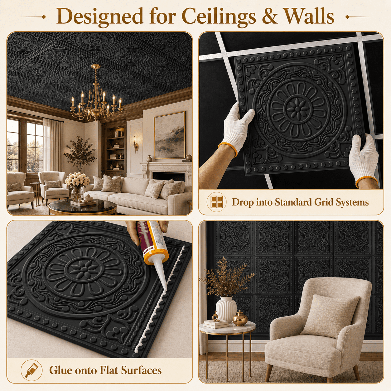 Yeslife 12-Pack Barque Decorative Drop Ceiling Tiles, 2 ft x 2 ft Black PVC Ceiling Panels, Waterproof, Easy to Install, Covers 48 sq ft