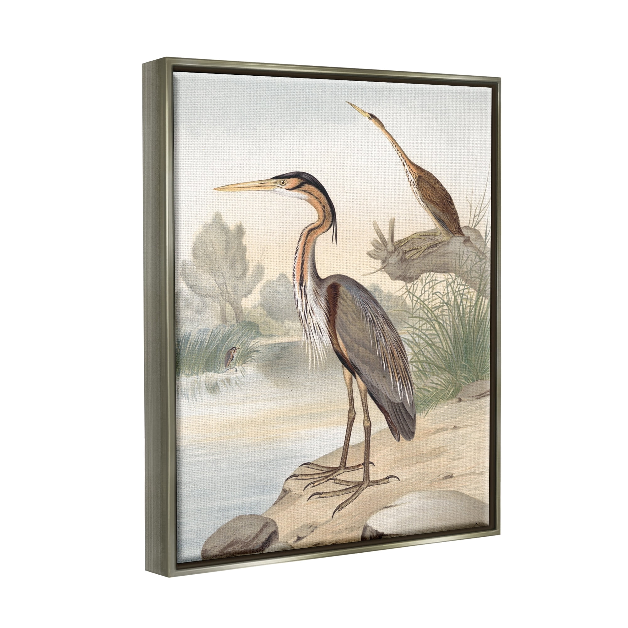 Stupell Industries Wild Heron Birds Perched Scenic Grassy Creek Painting Luster Gray Floating Framed Canvas Print Wall Art, Design by Piddix