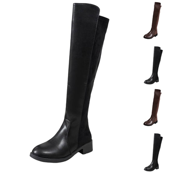 ATENAR Thigh High Boots for Women,Stretchy Shaft Boots,Low Block Heel,Soft Insole,Daily Wear,Round Toe,Black,7.5