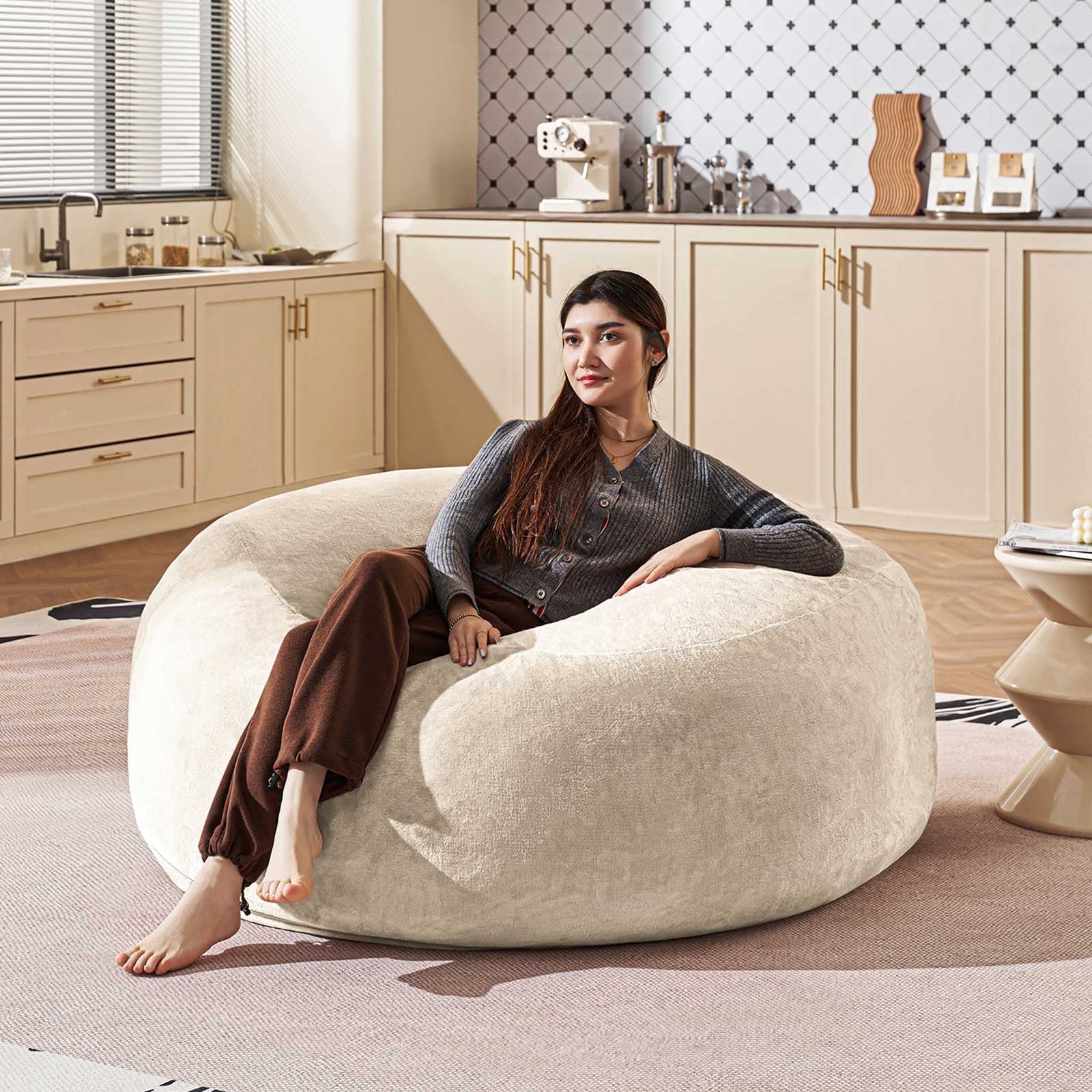 Bean Bag Chair 4FT,  Large Memory Foam Filled Chair for Adults and Teens, Soft Sofa with Removable Flannel Cover, Round Couch for Living Room Bedroom College Dorm