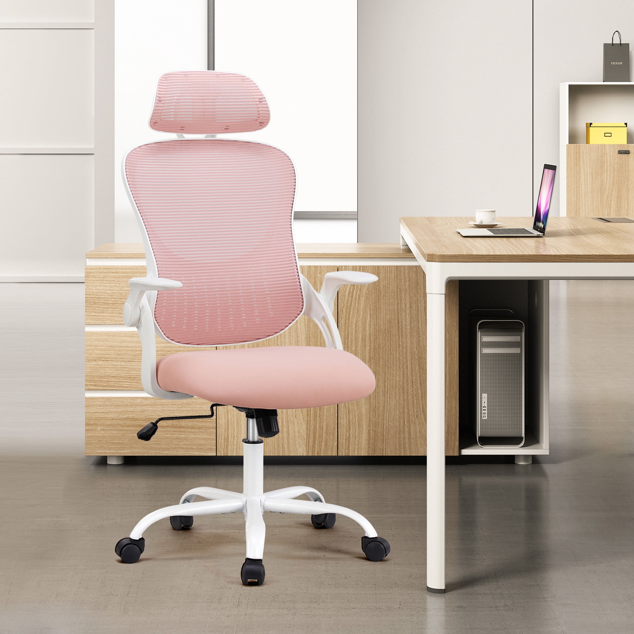 JOINSUN Office Computer Desk Chair, Ergonomic High-Back Mesh Work Chairs with Wheels and Adjustable Headrests, Pink