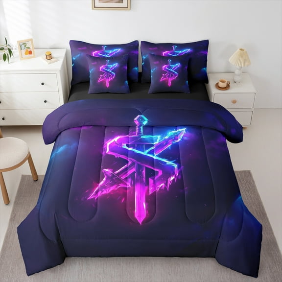 Castle Fairy Teens Girls Boys Personalized Initial Letter S 7-Piece Twin Bedding Sets,Abstract Gradient Bedding Comforter Set,Alphabet Lightsaber Breathable Sheet Sets,Lightweight Room Decor