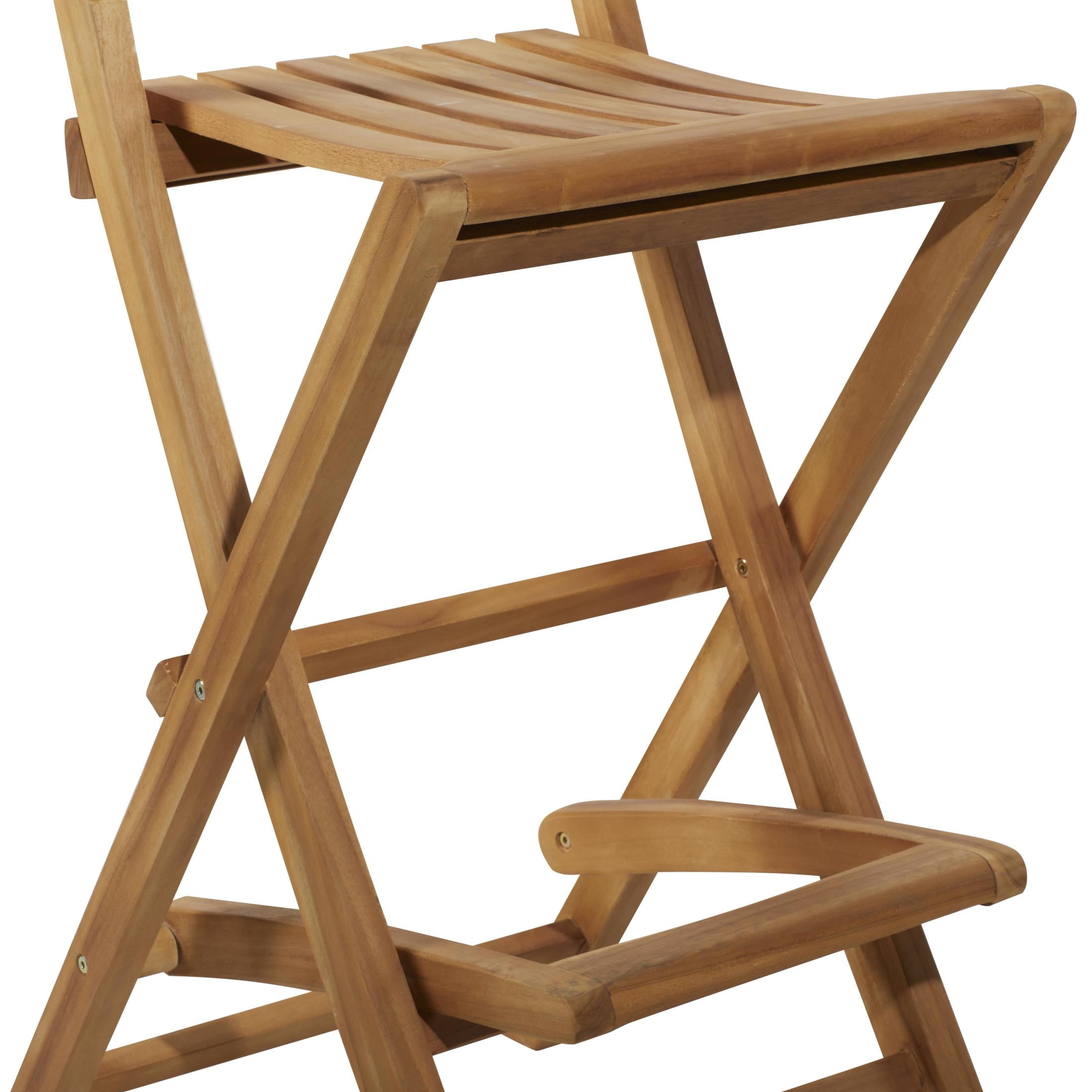DecMode Teak Wood Indoor Outdoor Slatted Folding Bar Stool with Footrest, Brown, Set of 2