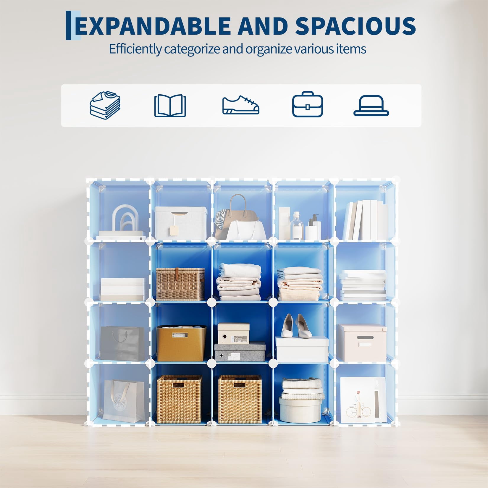 9 Cube Storage Organizer, DIY Modular Bookshelf & Closet Organizer, Plastic Stackable Shelving Cubes with Feet & Rubber Mallet