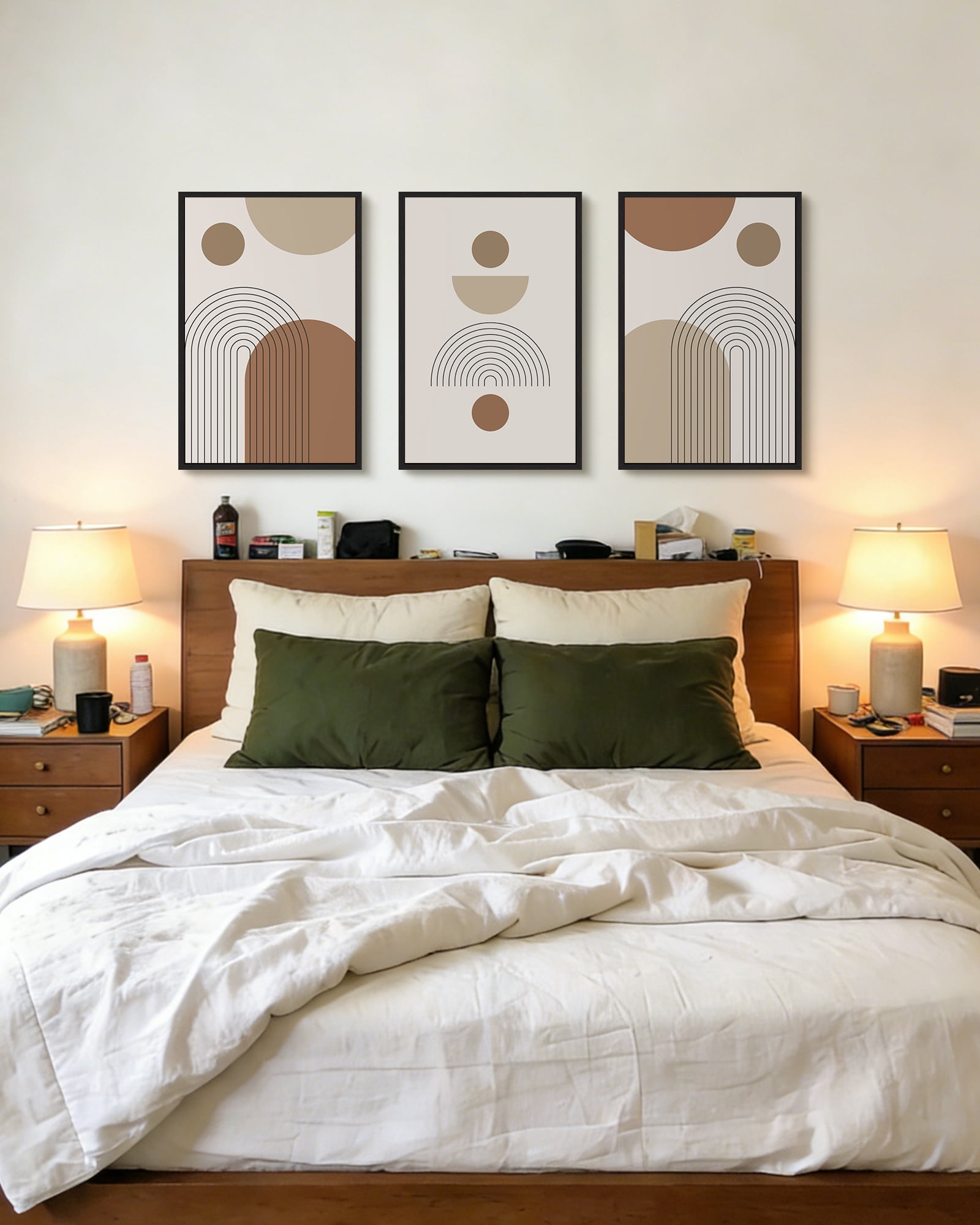 SHENIFY Large 24x36in3pcs Black Framed Botanical Boho Wall Art Modern Bohemian Plants Wall Decor Natural Brown Geometry Lines Prints Artwork for Living Dining Room