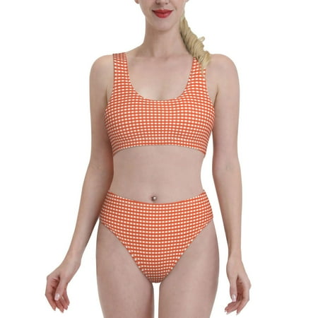 Bixox Orange Gingham Pattern Two-Piece Sports Bikini with U-Shaped Top and High-Waist Bottom - Women s Swimwear with Removable Bra Pads