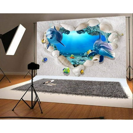 Image of ABPHOTO 7x5ft Photography Backdrop 3D Aquarium Undersea World Shell Heart Shape Frame Artistic Scenery Backdrops