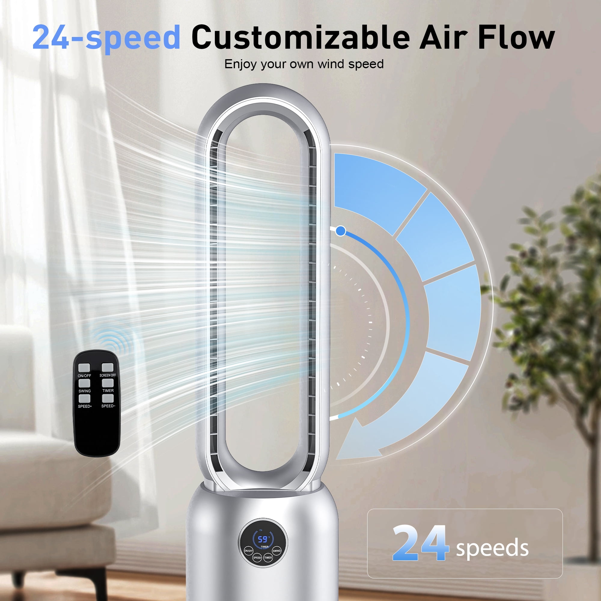 ADVWIN Smart Bladeless Tower Fan, 26ft/s Fast Cooling, 24 Speeds, App Control, 90° Oscillation, Silver