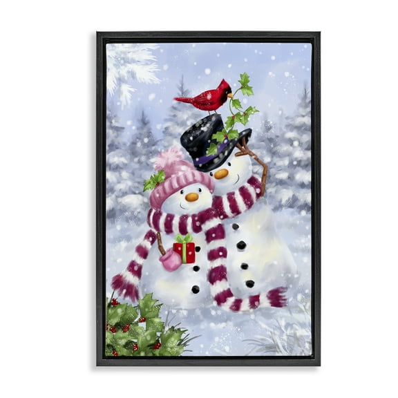 Stupell Industries Happy Snowman & Cardinal Holiday Painting Black Floater Framed Canvas Art Prints Wall Art, 17 x 25