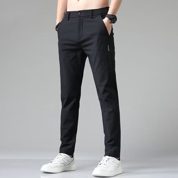 YMNXA Men's Casual Pants Elastic Waist Solid Color Straight Fit Comfortable Lightweight Breathable Trousers With Pockets For Daily Wear,Black,29