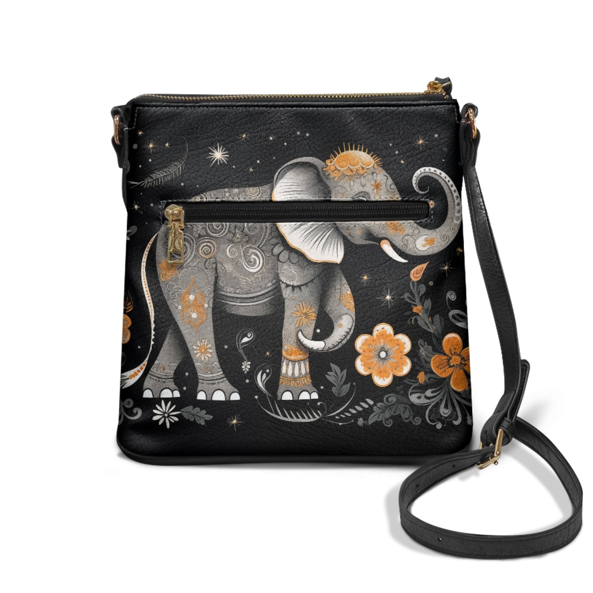 Kuiaobaty Elephant Flower Print Crossbody Bag for Women Travel, Lightweight Vegan Leather Crossbody Purse with Smooth Zipper, Casual Multi Pocket Shoulder Handbag, Waterproof Sling Bag