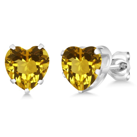 Gem Stone King 925 Sterling Silver Yellow Citrine Stud Earrings for Women Men (3.20 Cttw, Gemstone Birthstone, Heart Shape 8MM)