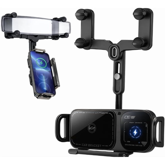 15W Wireless Car Charger Rear View Mirror Phone Holder, Adjustable Clamp Phone Mount for Car, Auto-Clamping 90 Degree Rotation