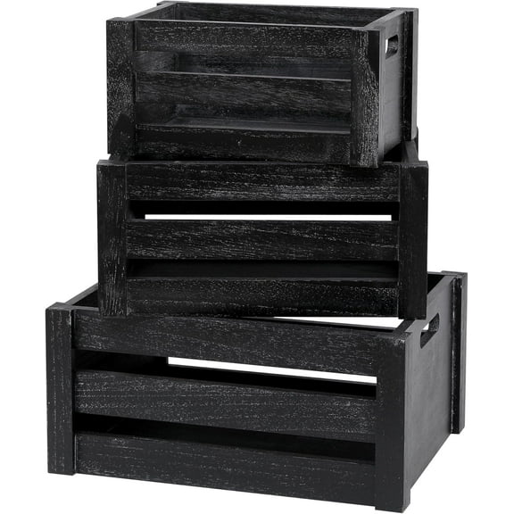 Large Classic Black Wooden Crates For Dispaly,Set Of 3 Wood Crates With Handles,Rustic Handmade Wood Boxes For Storage Or Display,Solid Wood Decrative Boxes (Classic Black)