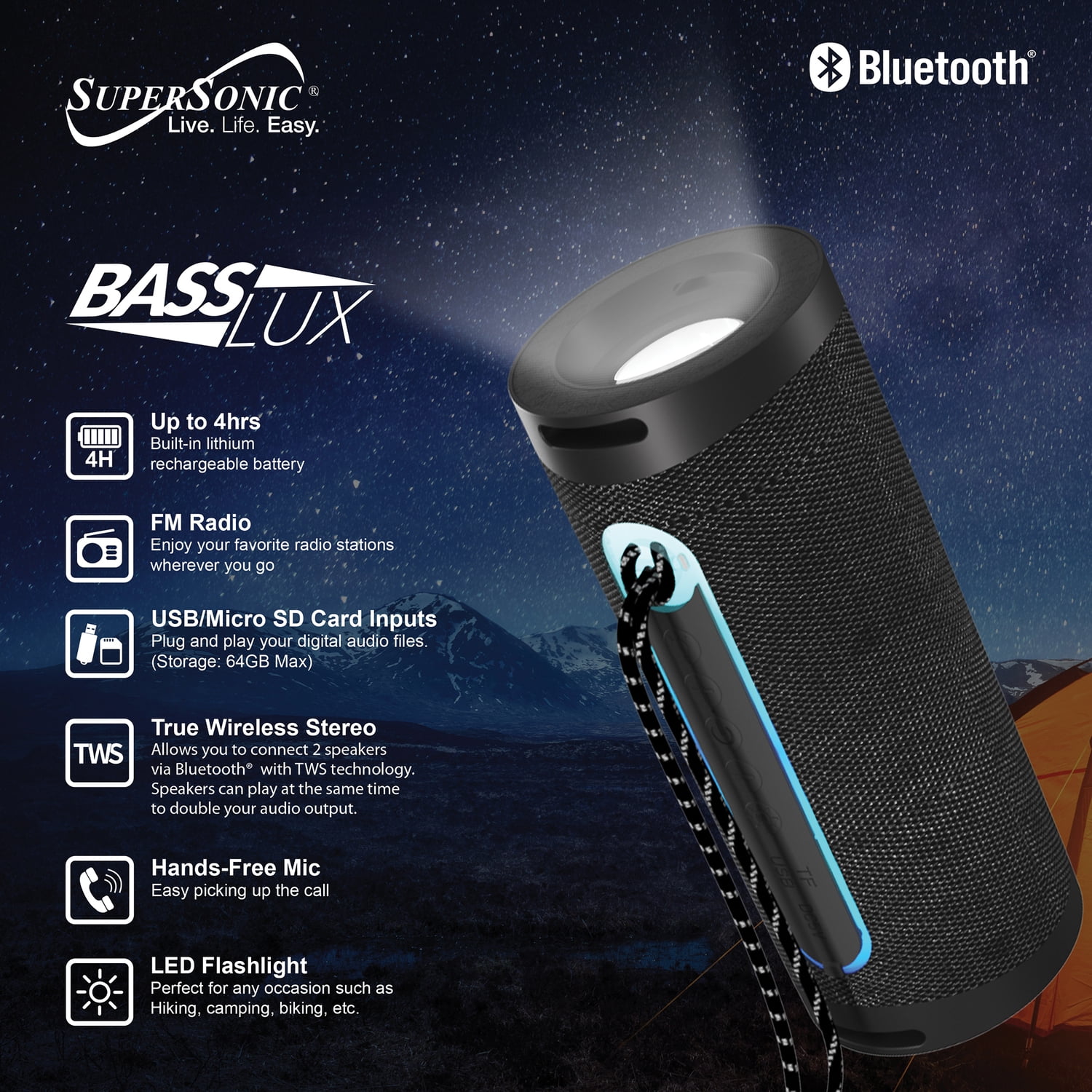 Supersonic Portable Bluetooth Speaker with LED Flashlight and