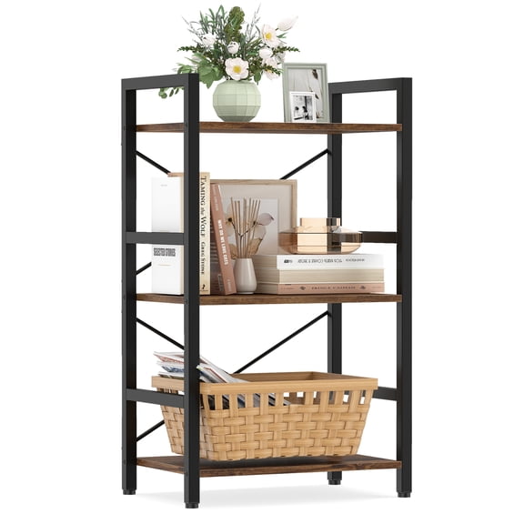 Costway 1 PCS 3-Tier Bookshelf with Metal Frame & Wooden Storage Racks for Living Room, Study Rustic Brown Black