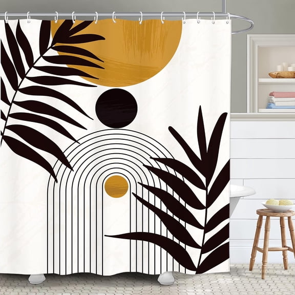 Abstract Mid Century Bathroom Shower Curtain 72W by 72H Inch Minimalist Modern Leaves Plant Arch Geometric Neutral Aesthetic Contemporary Polyester Fabric 12 Plastic Hooks Waterproof Decor